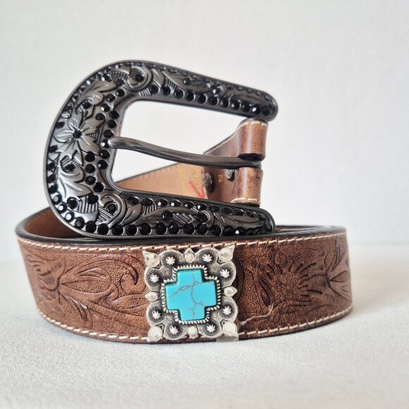 Ariat Accessories - ARIAT Women's Western Belt Embossed-Leather Turquoise Rhinestone-Accent Buckle